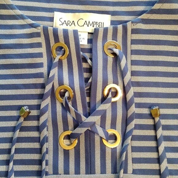 Sara Campbell 3/4 Sleeve Striped Dress, Size Small, Blue/White with Gold Accent - Picture 4 of 7
